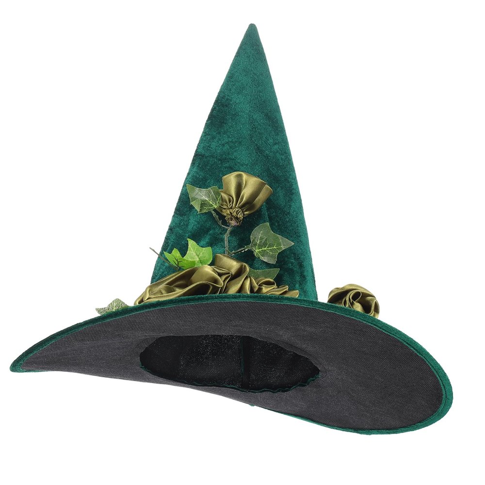 WOONEKY Green Witch Hat with Simulated Vine Flowers Lightweight Wide Brim Halloween Party Hat for Women Cosplay Decoration