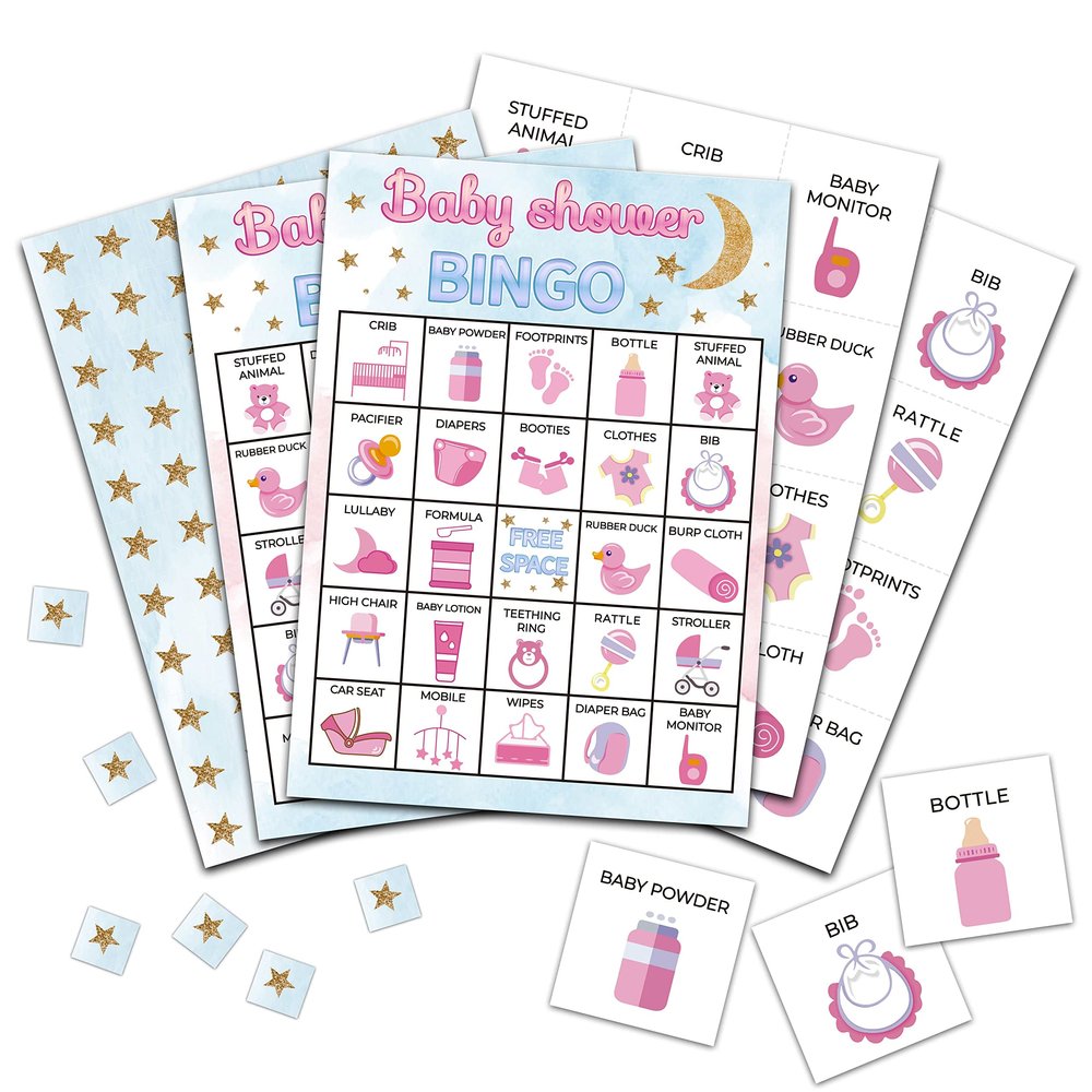 Moon and Stars Baby Bingo Cards - Gender Neutral Game for 24 Players, Family and Friends Activities, Twinkle Little Star Party Supplies Decorations