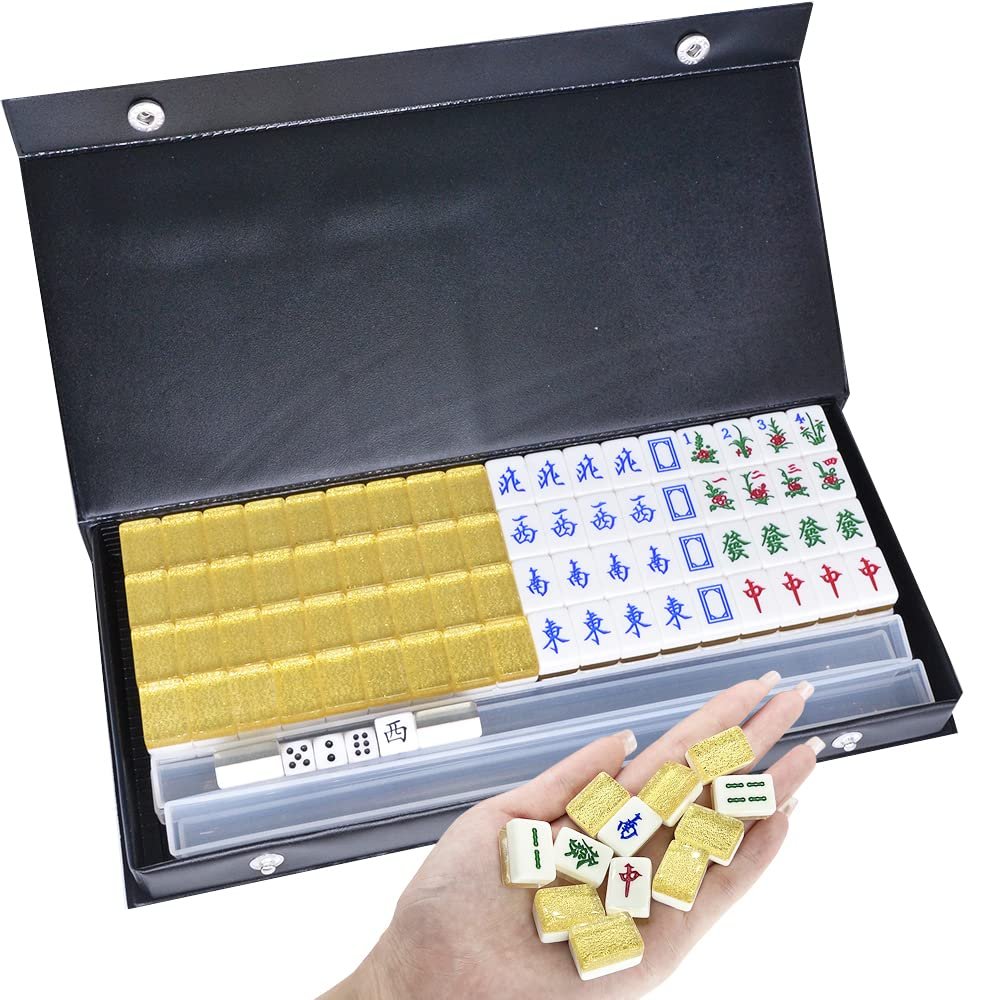 drizzle Gold Travel Mini Mahjong Set 20mm with Instructions - Portable 146 Tiles - for Beginners with 4PCS Racks 2 Pounds - Chinese Mah-Jong Game 