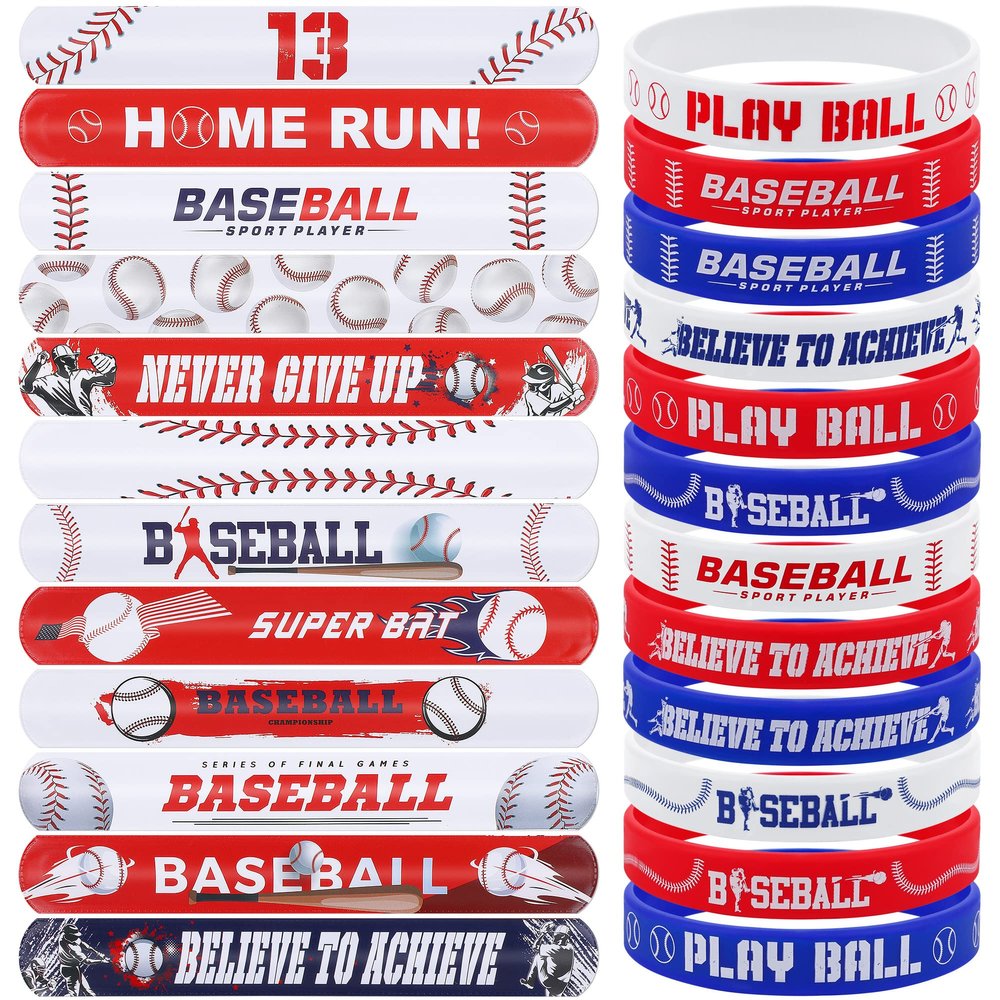 durony 48 Pieces Baseball Bracelets Wristbands Set Include 24-piece Silicone Rubber Bracelet 24-piece Slap Bracelets Sports Slap Toys for Baseball Party Favors Prizes Gifts