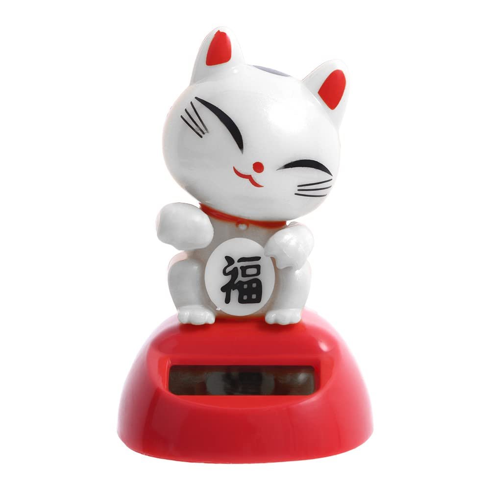 Solar Powered Dancing Lucky Cat, Good Luck Cat Waving Arm Cute Maneki Neko Beckoning Cat for Home Office Car Decoration(White)