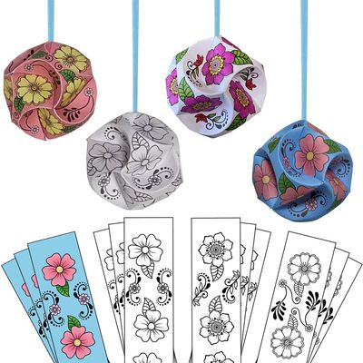 10 DIY Origami Balls, Paper Ornaments, Orbs. No Tools Needed, Just Color-Connect-Complete. Kids + Adult Coloring Craft, Stimulates Creativity, Releases Stress. Fun Family Activity (Flower Patterns)