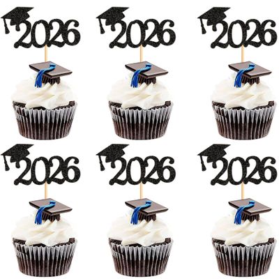 Cyodoos 24Pcs graduation cupcake toppers 2026, Food/Appetizer Picks For Graduation Party Mini Cake Decorations, 2026 Cupcake Toppers(Black)