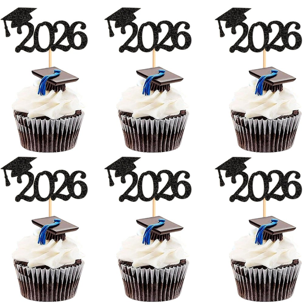 Cyodoos 24Pcs graduation cupcake toppers 2026, Food/Appetizer Picks For Graduation Party Mini Cake Decorations, 2026 Cupcake Toppers(Black)