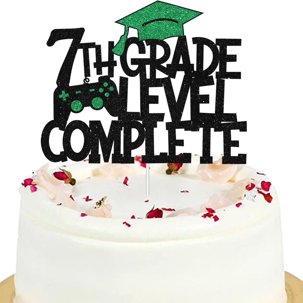 7th Bachelor Level Complete Cake Topper - Happy Graduation Congrats Class Of 2025 Black Glitter Cake Topper - Congrats Grad 2025 Graduation Party Decorations Supplies