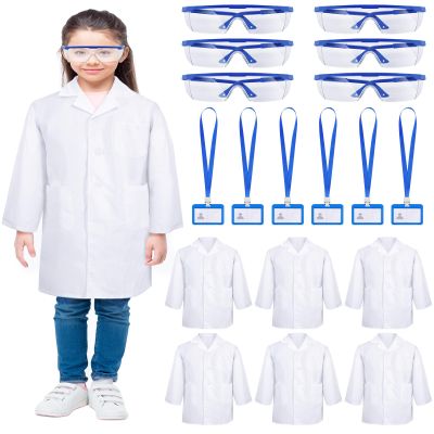 6 Sets 18 Pcs White Kids Lab Coats Bulk Children Girl Doctor Scientist Costume Lab Coat with Goggles Card Holder (Medium)