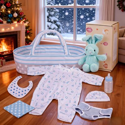 BABESIDE 8 Pcs Reborn Baby Doll Clothes with Bassinet for 17-22 Inch Babydolls, Reborn Baby Doll Accessories fit Newborn Dolls, Babydolls Clothes for Realistic Dolls,Toy Gift for Boys Girls