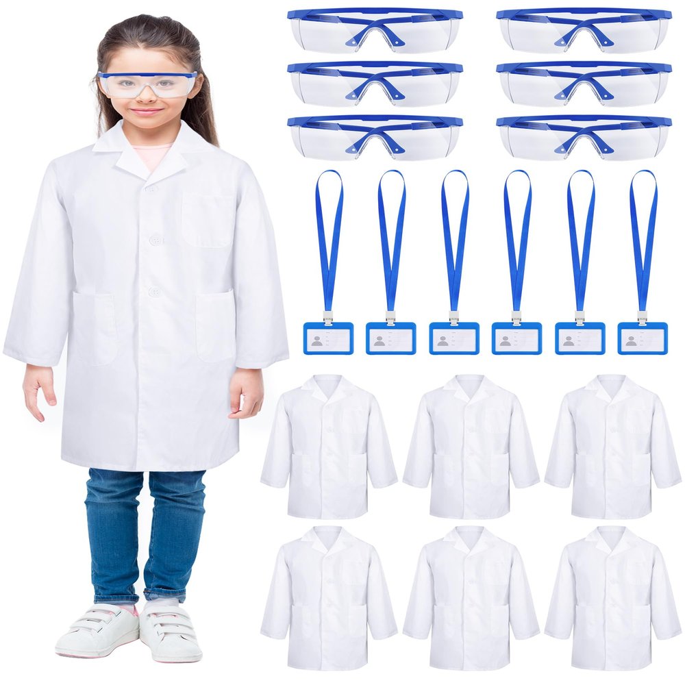 6 Sets 18 Pcs White Kids Lab Coats Bulk Children Girl Doctor Scientist Costume Lab Coat with Goggles Card Holder (X-small)