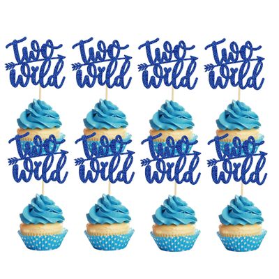 24Pcs Two Wild Cupcake Toppers Deep Blue Glitter Baby Girl Boy Second Birthday Cupcake Pick decorations for Celebrating Kids 2nd Birthday Anniversary Boho Theme Party Supplies
