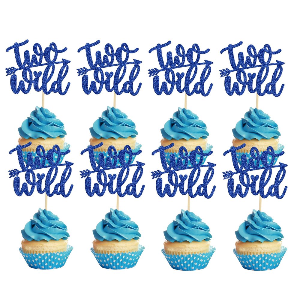 24Pcs Two Wild Cupcake Toppers Deep Blue Glitter Baby Girl Boy Second Birthday Cupcake Pick decorations for Celebrating Kids 2nd Birthday Anniversary Boho Theme Party Supplies