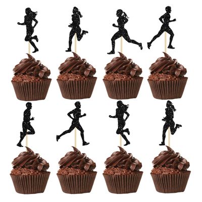 24Pcs Running Cupcake Toppers Black Glitter Sports Fitness Cupcake Picks for Running Theme Boys Girls Birthday Party Cake Decorations Supplies