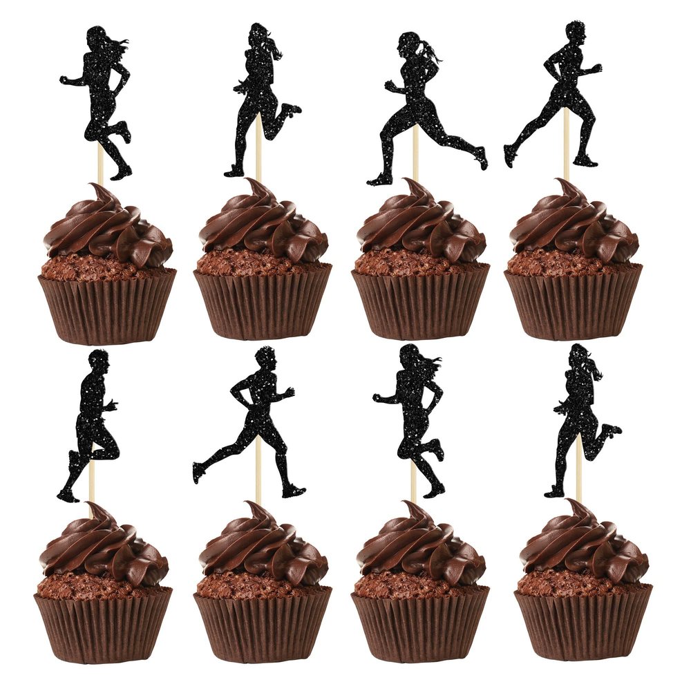 24Pcs Running Cupcake Toppers Black Glitter Sports Fitness Cupcake Picks for Running Theme Boys Girls Birthday Party Cake Decorations Supplies