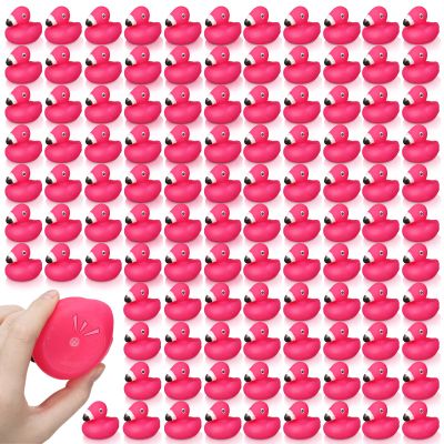 Honoson 24 Pcs Flamingo Rubber Duckies Bulk Pink Flamingos Party Favors Bath Toy Pool Floating Squeak Rubber Ducks for Birthday Party Decoration Baby Shower Cake Decoration