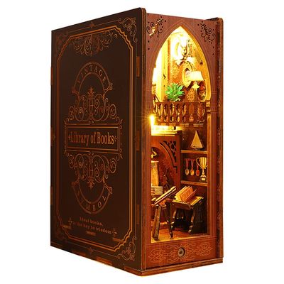 3D Wooden Puzzle Bookshelf Insert Decor with Sensor Light Music Box,DIY Dollhouse Miniature Book Nook Assemble Kit,Bookends Model Build-Creativity Kit for Adults Women Birthday Gift (Library of Books)