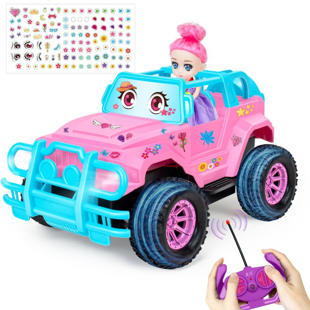 Ynanimery Remote Control Car- RC Truck with DIY Stickers and Doll for Kids Girls Birthday, 1:20 Scale RC Truck Full Functions Creative Racing Car for Toddlers Kids Indoor Outdoor Games, Pink