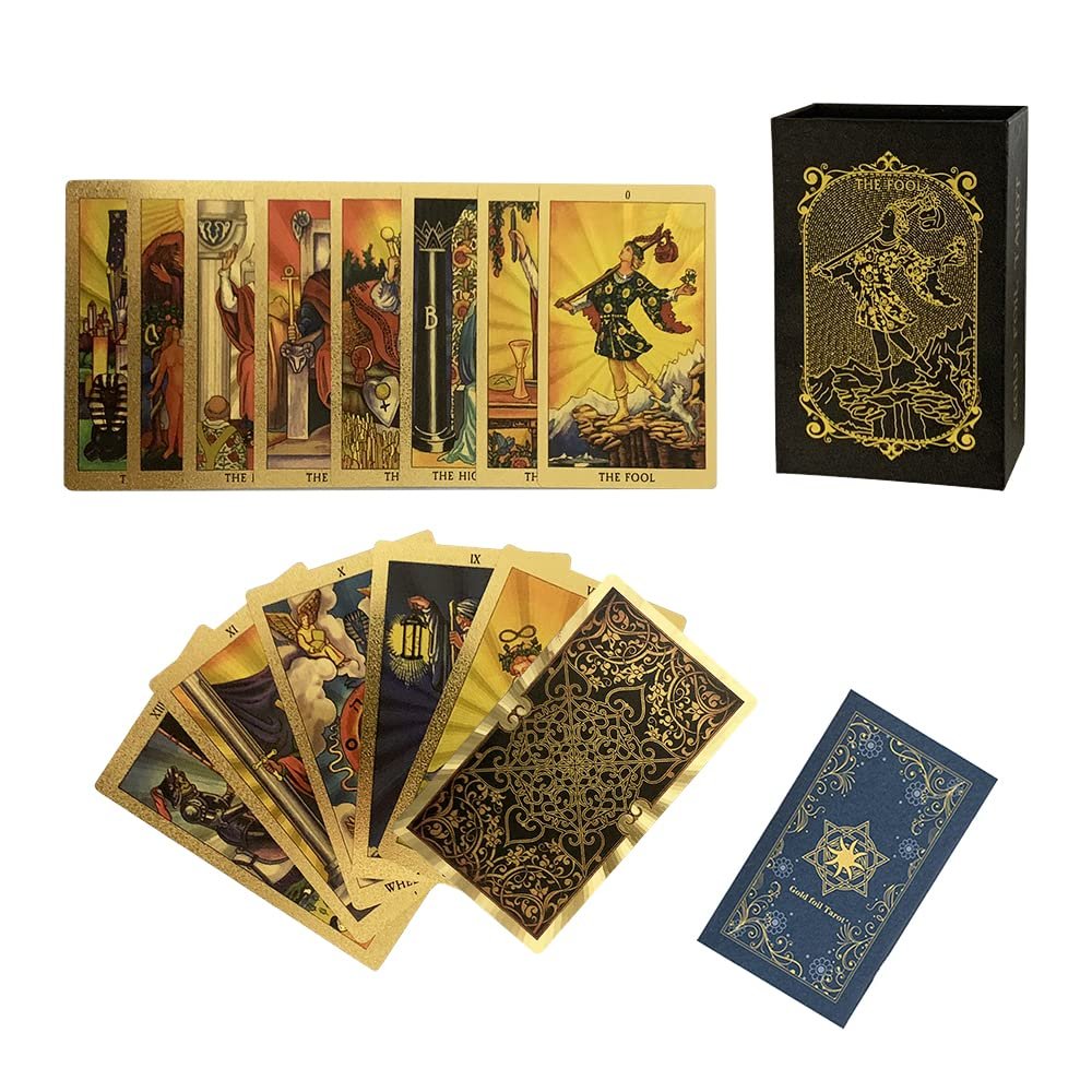 SUNHHX Tarot Cards, 78 Tarot Cards Deck PVC Waterproof Wrinkle Resistant Gold Foil Classic with English Instructions Book, Suitable for Tarot Beginners and Experts