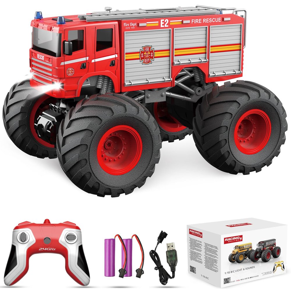 Desdoni Remote Control Car, RC Fire Truck for Kids, RC Monster Truck Toy 2.4GHz 1:18 Scale Model Vehicle with LED Lights Sounds Racing Sport Toy Car for Adults Boys Girls Kids Gift 2Pcs Batteries