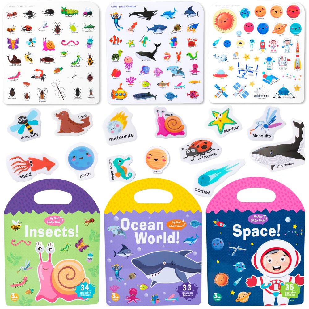 MIKNEKE Jelly Reusable Sticker Books for Toddlers 1-3 2-4 Years, Portable Travel Toys Sticker Activity Book for Kids 2 3 4 Year Old Girls Boys, Animal Insect Sea Ocean Space