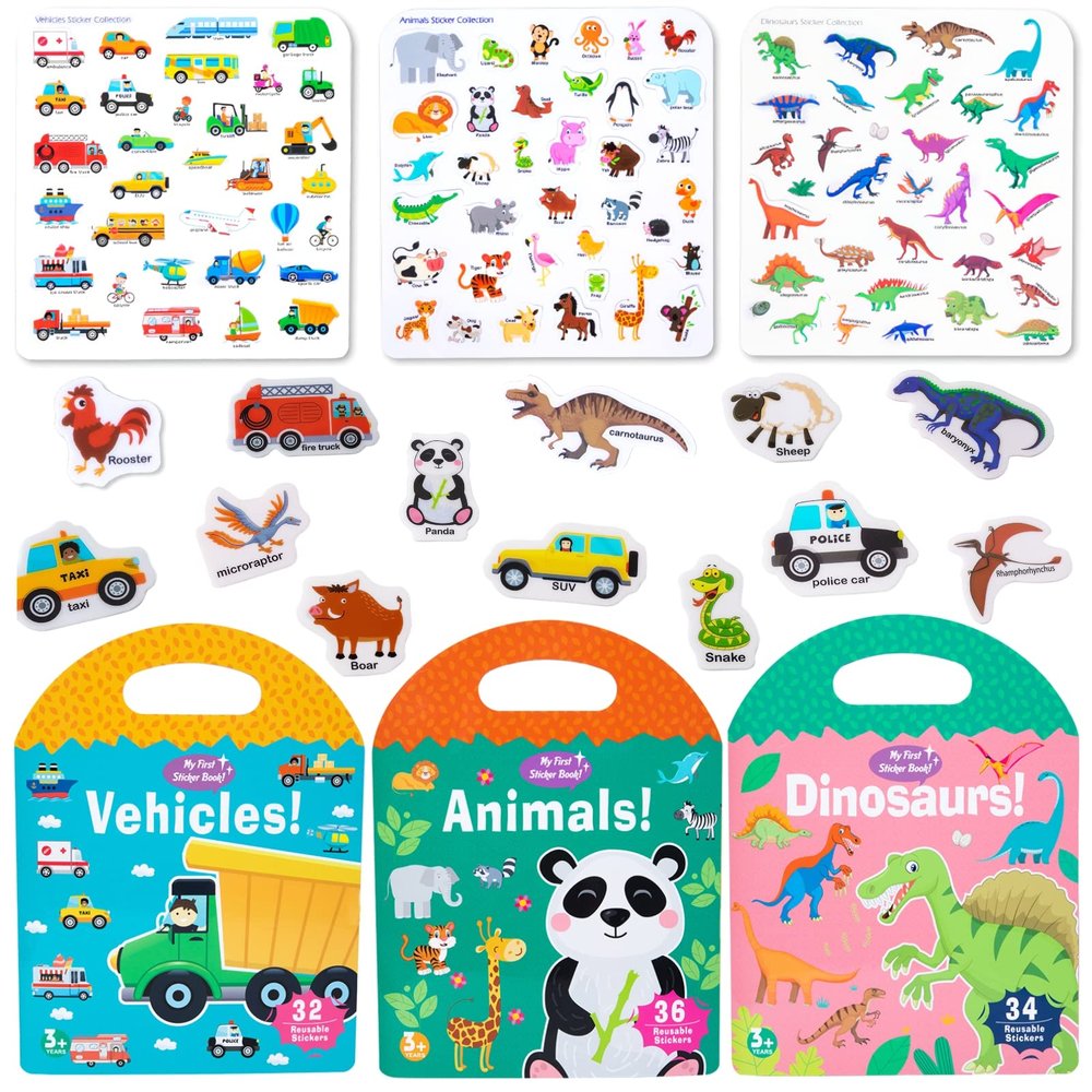 MIKNEKE 3 Pack Jelly Reusable Sticker Books for Toddlers 1-3 2-4 Years, Portable Travel Toys Sticker Activity Book for Kids 2 3 4 Year Old Girls Boys, Animal Dinosaur Vehicle Car