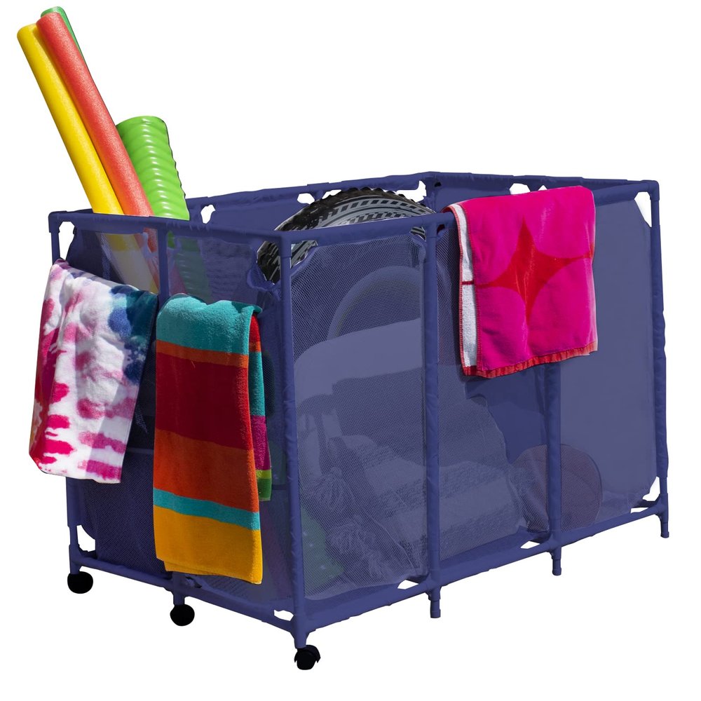 Pool Bins Pool Noodles Holder, Toys, Floats, Balls and Floats Equipment Mesh Rolling Storage Organizer Bin, Extra Large (30.2" L x 47.2" W x 34" H), Blue