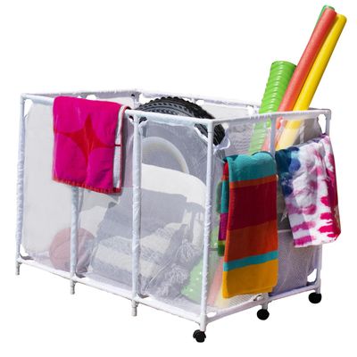 Pool Bins Pool Noodles Holder, Toys, Floats, Balls and Floats Equipment Mesh Rolling Storage Organizer Bin,Extra Large (30.2" L x 47.2" W x 34" H), White