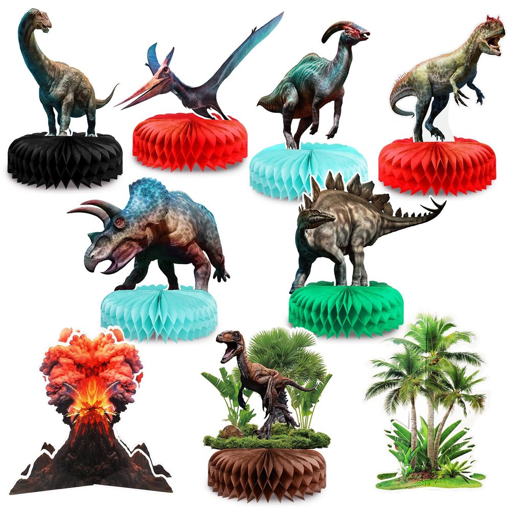 10 Pcs Dinosaur Centerpieces For Birthday Party 3D Dino Honeycomb Table Decorations Safari Jungle Animal Theme Baby Shower Table Paper Topper Stand Decor For Boys Girls Kids