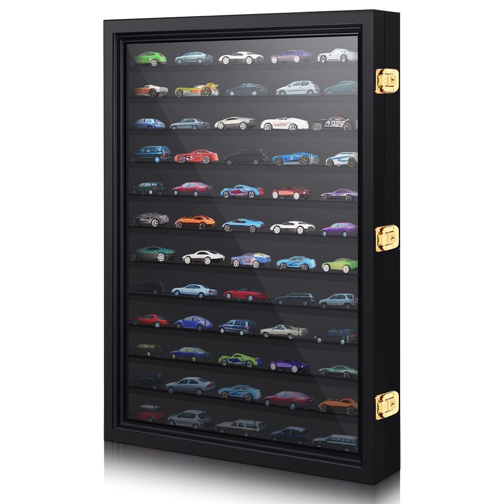 Tatuo Model Car Display Case 1/64 Scale Model Car Display Case Cabinet Rack 26.5" x 18.75" x 3.25" Large Diecast Wall Mounted for Toy Collection Decor(Black,with Door)