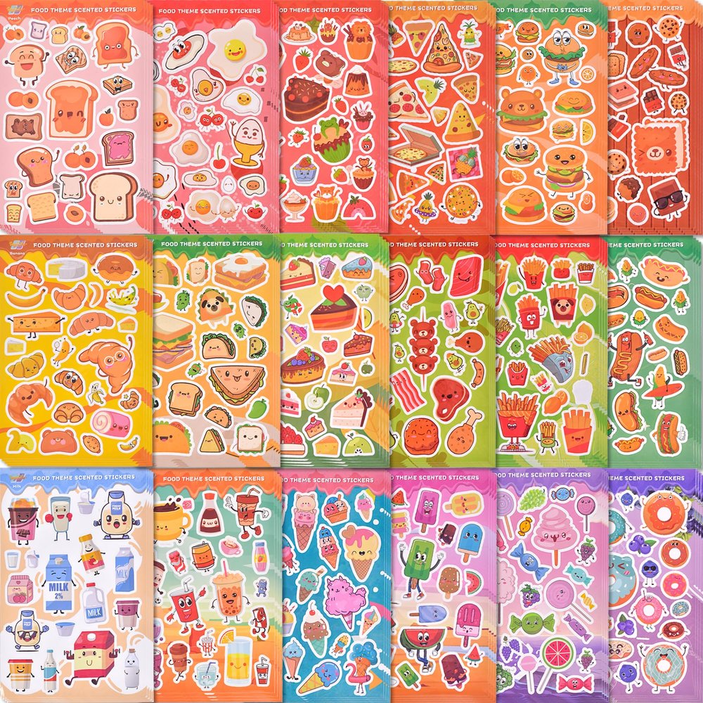 Tageenla Smelly Stickers Scratch and Sniff, 72 Sheets 1500+ Scented Stickers for Kids Food Theme 18 Scents, Cute Stinky Food Patterns for Classroom Reward, Student Incentives for Elementary