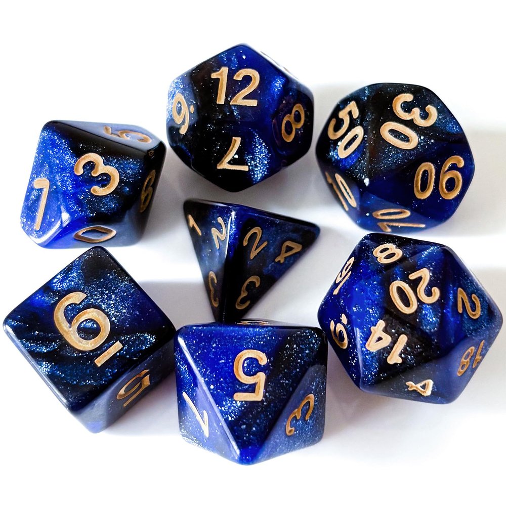 Galaxy DND Dice 7Pieces, Glitter Sparkle Cosmic Blue Black Mixed Polyhedral DND Dice for RPG MTG Table Game Dice