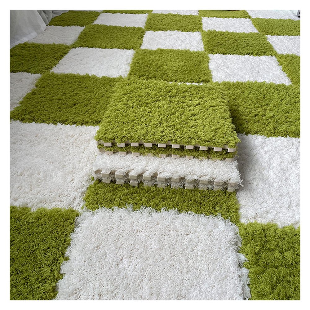 1 X 1 Ft Interlocking Carpet Tiles, 60 Pieces Interlocking Fuzzy Mat, Long Plush Foam Floor Tiles, Non-Slip Puzzle Floor Mat for Living Room, Bedroom, Playroom(Color:Green +White)