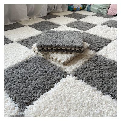 1 X 1 Ft Interlocking Carpet Tiles, 60 Pieces Interlocking Fuzzy Mat, Long Plush Foam Floor Tiles, Non-Slip Puzzle Floor Mat for Living Room, Bedroom, Playroom(Color:Gray White)