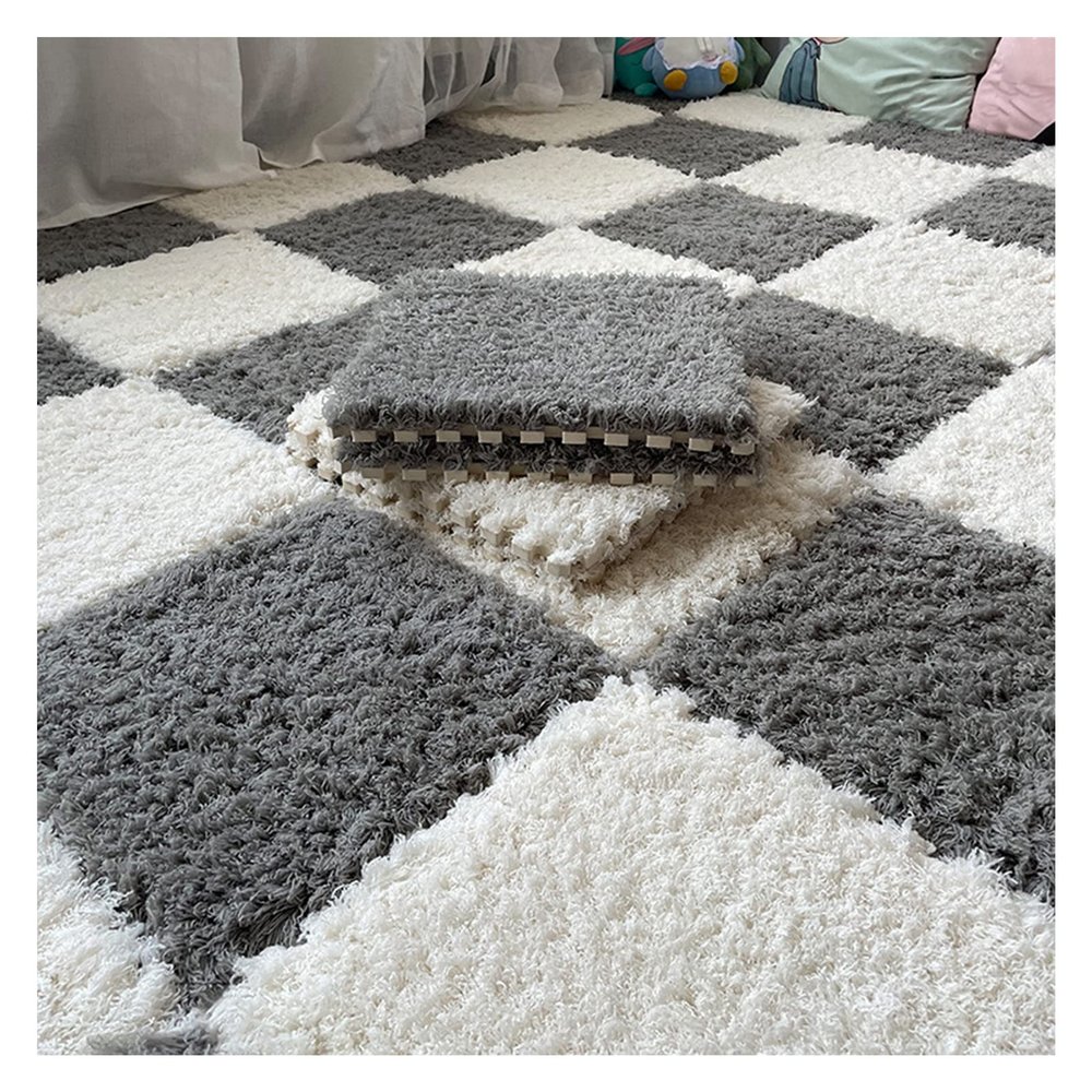 1 X 1 Ft Interlocking Carpet Tiles, 60 Pieces Interlocking Fuzzy Mat, Long Plush Foam Floor Tiles, Non-Slip Puzzle Floor Mat for Living Room, Bedroom, Playroom(Color:Gray White)
