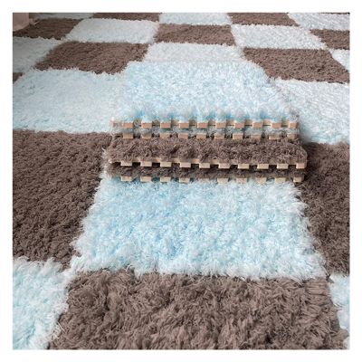 1 X 1 Ft Interlocking Carpet Tiles, 60 Pieces Interlocking Fuzzy Mat, Long Plush Foam Floor Tiles, Non-Slip Puzzle Floor Mat for Living Room, Bedroom, Playroom(Color:Blue+Gray)