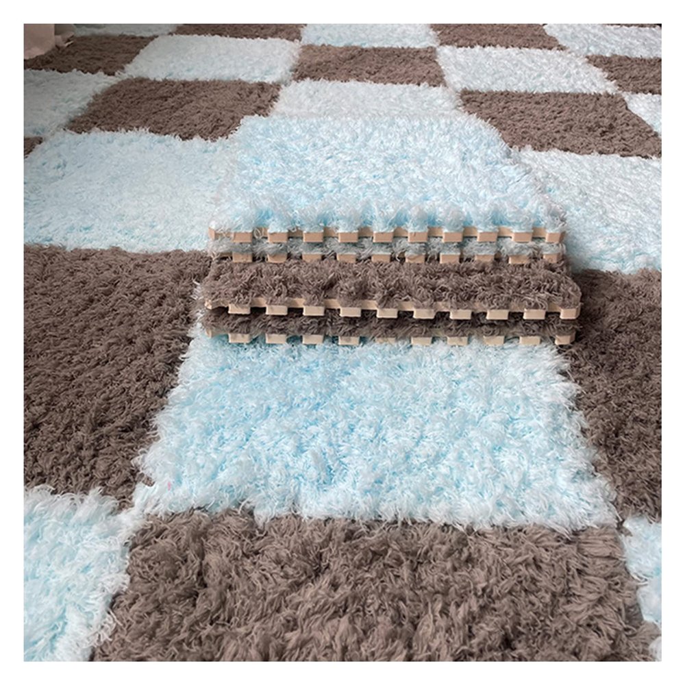 1 X 1 Ft Interlocking Carpet Tiles, 60 Pieces Interlocking Fuzzy Mat, Long Plush Foam Floor Tiles, Non-Slip Puzzle Floor Mat for Living Room, Bedroom, Playroom(Color:Blue+Gray)