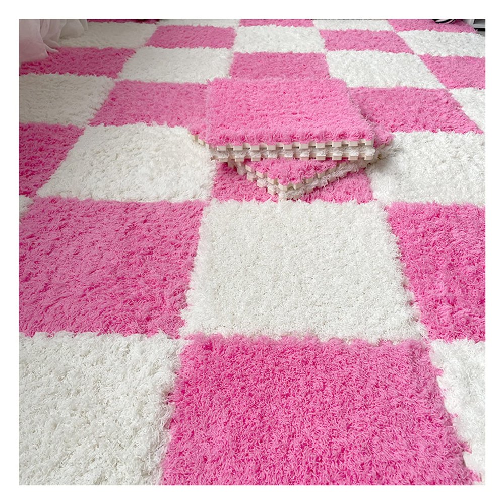 1 X 1 Ft Interlocking Carpet Tiles, 60 Pieces Interlocking Fuzzy Mat, Long Plush Foam Floor Tiles, Non-Slip Puzzle Floor Mat for Living Room, Bedroom, Playroom(Color:Red White)