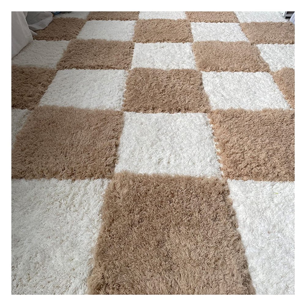 1 X 1 Ft Interlocking Carpet Tiles, 60 Pieces Interlocking Fuzzy Mat, Long Plush Foam Floor Tiles, Non-Slip Puzzle Floor Mat for Living Room, Bedroom, Playroom(Color:Apricot+White)