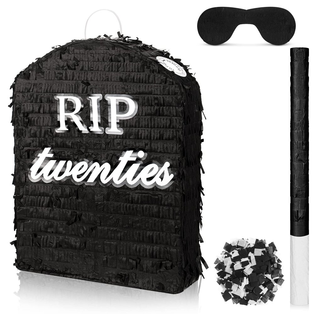 Sratte 4 Pcs Rip Twenties Piata 10 x 14.8 x 2.7 Inch Death to My 20s Funeral Piata for Men Women 30th Birthday Party Anniversary Funny Decoration with Stick Blindfold Confetti Bat