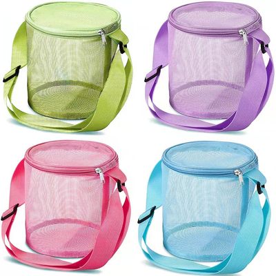 AYGCI 4 Piece Beach Mesh Bag Toys Seashell Bag Cylindrical Bags Swimming Travel Picking up Toys Sandboxes Accessories with Adjustable Carrying Straps and Zipper (Green, Purple, Pink, Blue)