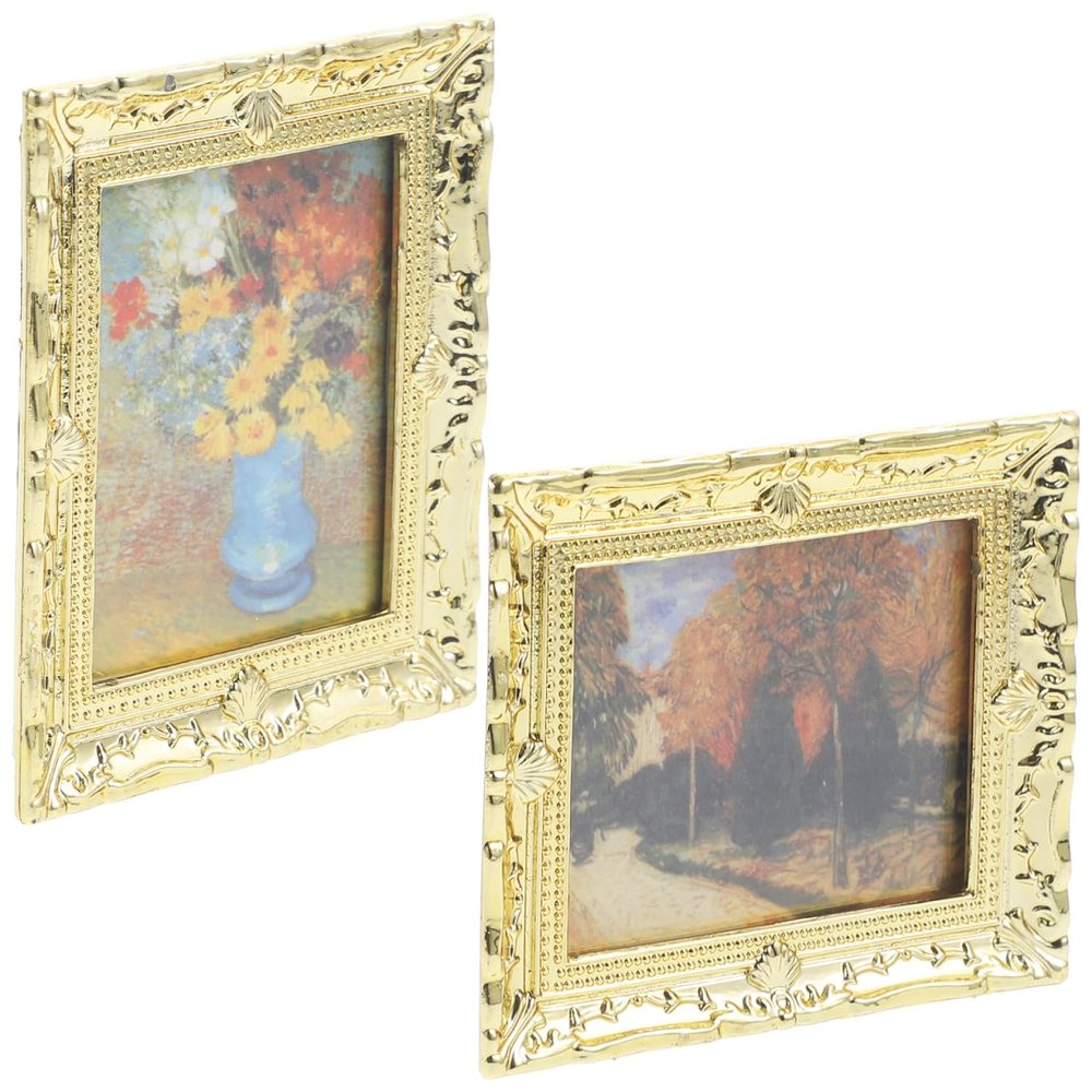 Kisangel 2pcs Mini Dollhouse Picture Frames, Antique Mini Gold Frames, 1:12 Oil Painting Model Painting Props for Miniature Christmas Home Arts