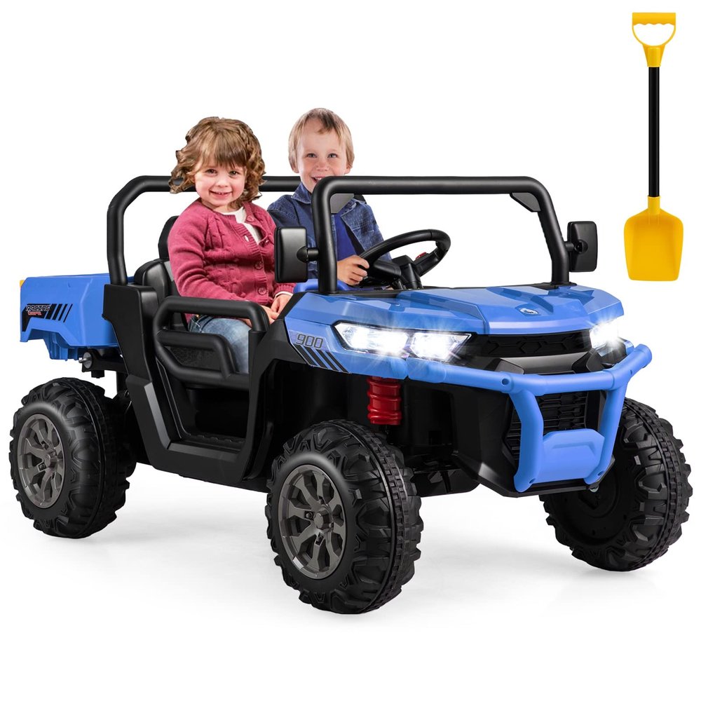 Costzon Ride On Dump Truck with Remote Control, 12V Electric Kids UTV w/Electric Dump Bed, Rocking Function, Shovel, 4 Spring Suspensions, Wireless Design, 2-Seater Ride on Car Gift for Kids (Blue)