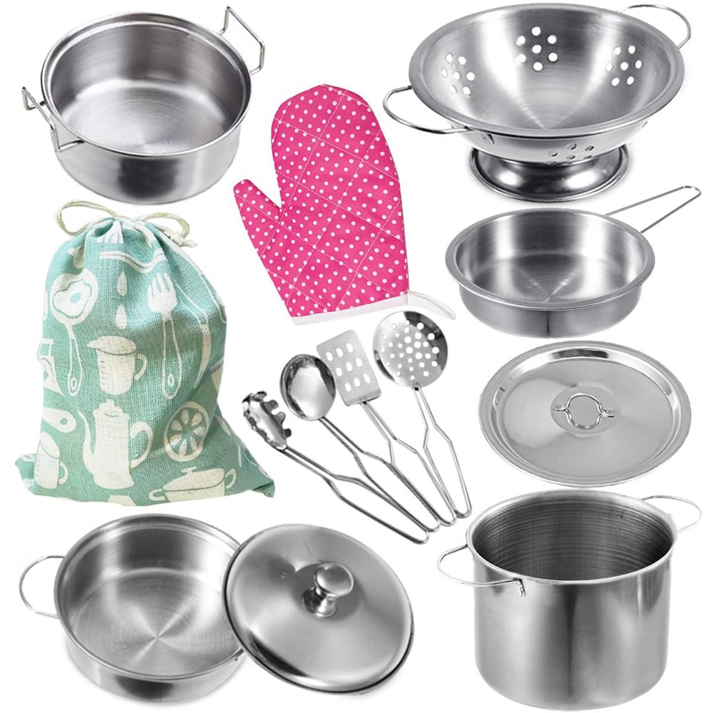 Cookware Pots and Pans Play Set with Cooking Mini Stainless-Steel Kitchen Cooking Utensils Toys,Pretend Toys for Kids, EducationalDevelopment Toy Kitchen Playset Accessories for Kids