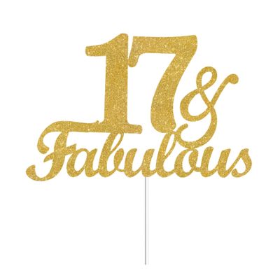 17 & Fabulous Cake Toppers Gold Glitter, Happy 17th Birthday Cake Topper Cheers to 17 Years Old Bday Decoration, Seventeen and Fabulous Cake Decorations for 17th Birthday Anniversary Party