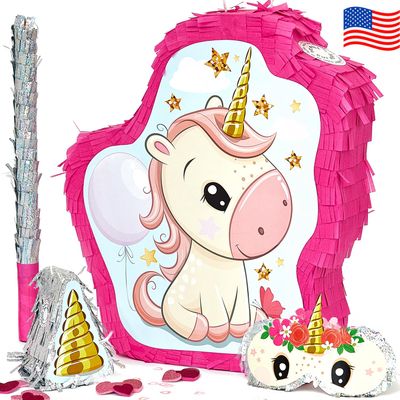 JitteryGit Unicorn Pinata Treasure Hunt Party Game, Birthday Party Complete Set, 16 X 13 Inches, Cute Horse Girl Pinata, Includes Unicorn Piata, Horn Mini Piata, Pink Bat and more!