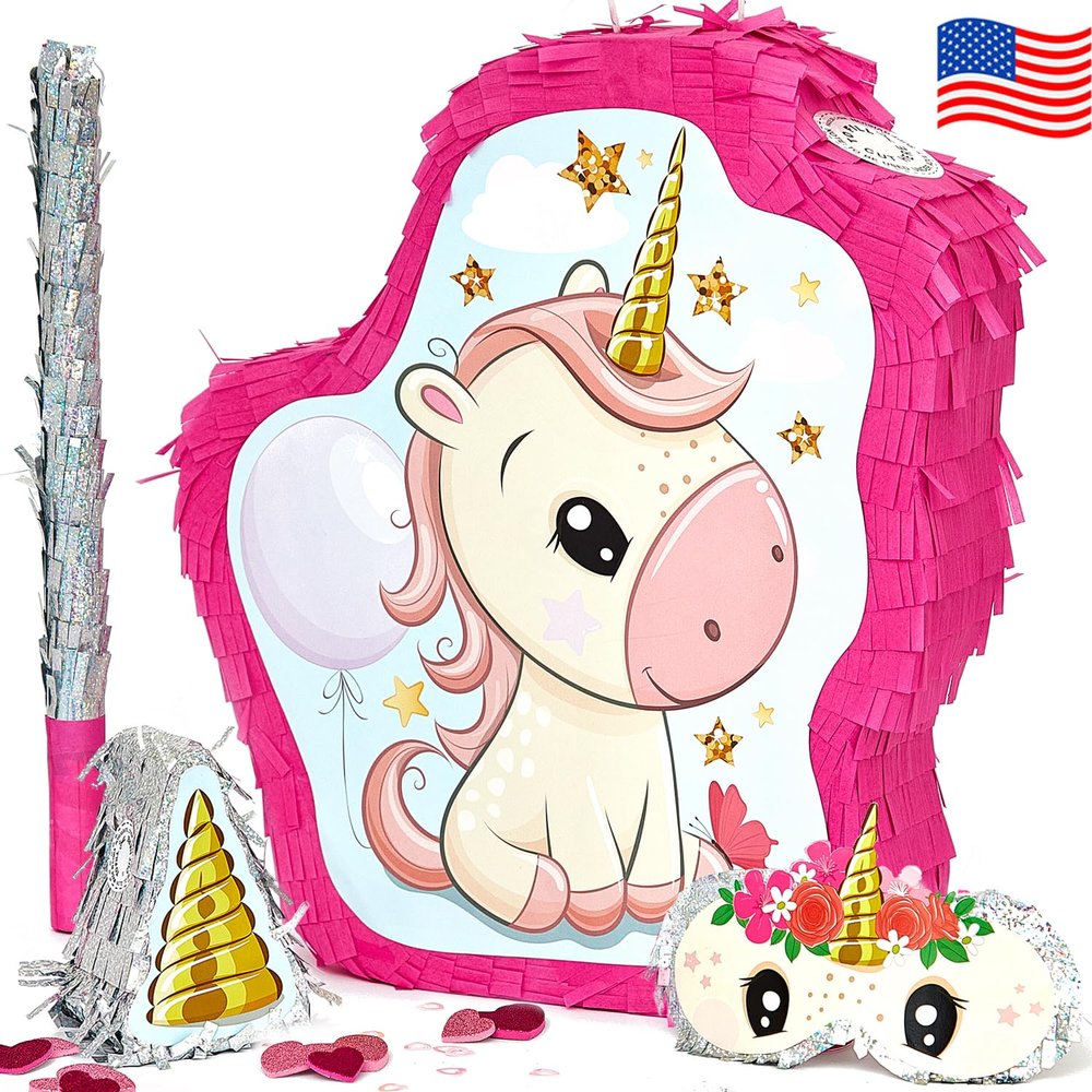 JitteryGit Unicorn Pinata Treasure Hunt Party Game, Birthday Party Complete Set, 16 X 13 Inches, Cute Horse Girl Pinata, Includes Unicorn Piata, Horn Mini Piata, Pink Bat and more!