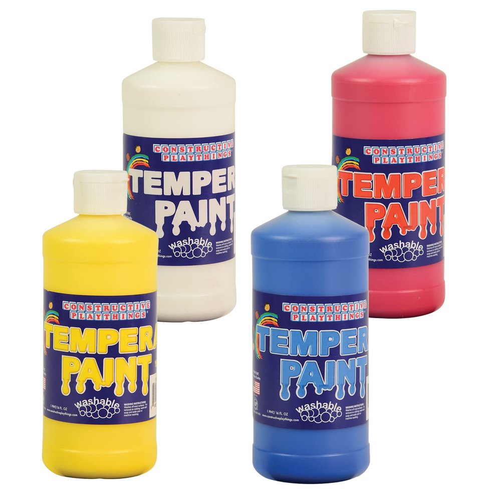Constructive Playthings Kids 4-Color Tempura Paint Pints Set, Bright Washable Paint for Classrooms and DIY Crafts, Primary
