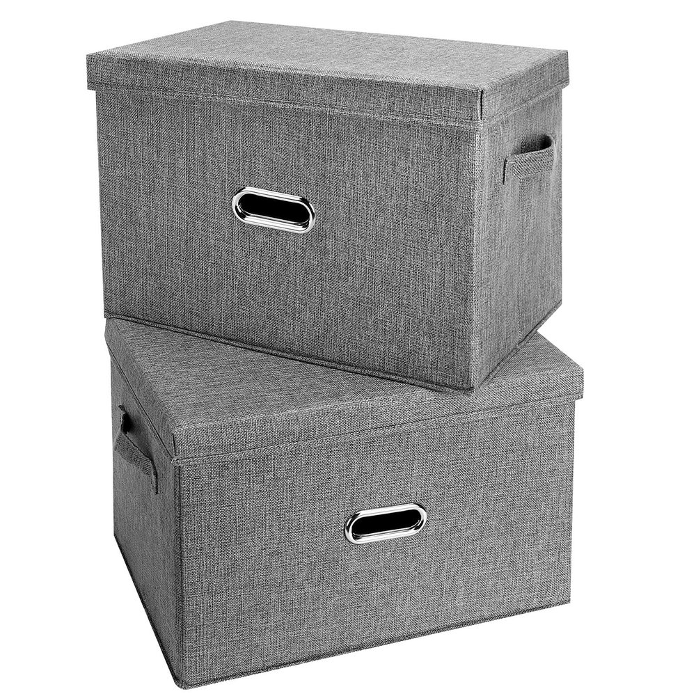 Valease Large Linen Fabric Foldable Storage Bins with Removable Lid and Handles, Washable Storage Box Organizer Containers Baskets Cube with Cover for Bedroom,Closet,Nursery (Grey, XXL(2-Pack))