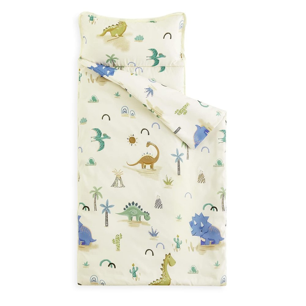Wake In Cloud - Toddler Nap Mat with Pillow and Blanket, for Kids Boys Girls Ages 3 Plus in Kindergarten Daycare Preschool, Roll Up Sleeping Bag, Dinosaur Jurassic Cactus, Beige Brown, Standard