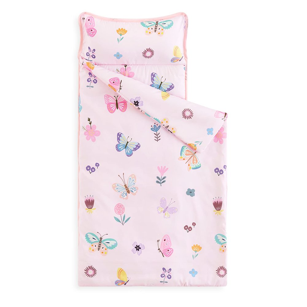 Wake In Cloud - Toddler Nap Mat with Pillow and Blanket, for Kids Girls in Kindergarten Daycare Preschool Pre K, Roll Up Sleeping Bag, Cute Butterfly Flowers, Pink, Standard