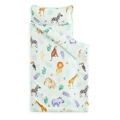 Wake In Cloud - Toddler Nap Mat with Pillow and Blanket, for Kids Boys Girls in Kindergarten Daycare Preschool Pre K, Roll Up Sleeping Bag, Animals Zoo Trees, Light Green, Standard