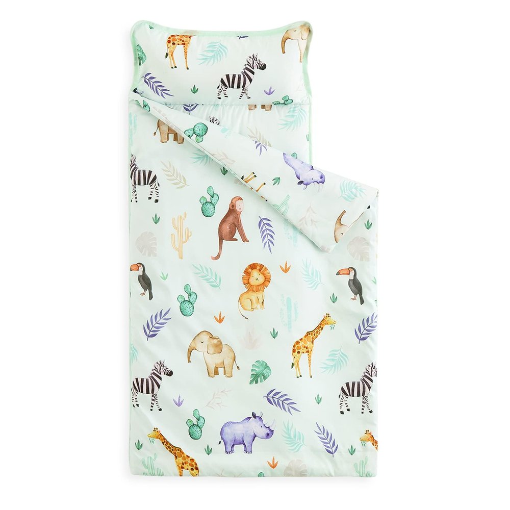 Wake In Cloud - Toddler Nap Mat with Pillow and Blanket, for Kids Boys Girls in Kindergarten Daycare Preschool Pre K, Roll Up Sleeping Bag, Animals Zoo Trees, Light Green, Standard